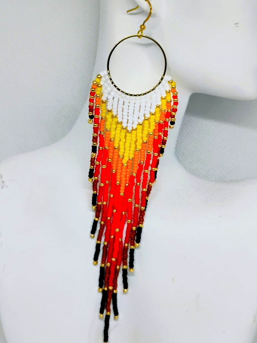 Hand Crafted Beaded Fringe Hoop Earrings in White, Yellow, Orange, Red & Black - Picture 1 of 1